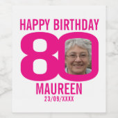 Roze 80th Birthday, aangepast etiket met foto-naam (Enkel label)
