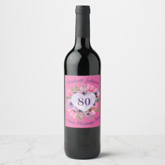 Roze 80th Birthday Wine Fleslabels Wijn Etiket (Voorkant)
