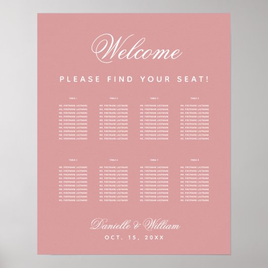 Roze 8 Tafel Stusty Roos Wedding Seding Chart Poster (Voorkant)