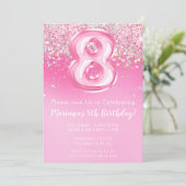 Roze 8e verjaardag uitnodiging Girly Pink Glitter (Staand voorkant)