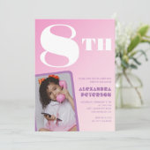 Roze 8e verjaardag uitnodigingen Meisje Retro Foto (Staand voorkant)