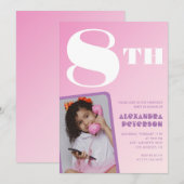 Roze 8e verjaardag uitnodigingen Meisje Retro Foto (Voorkant / Achterkant)