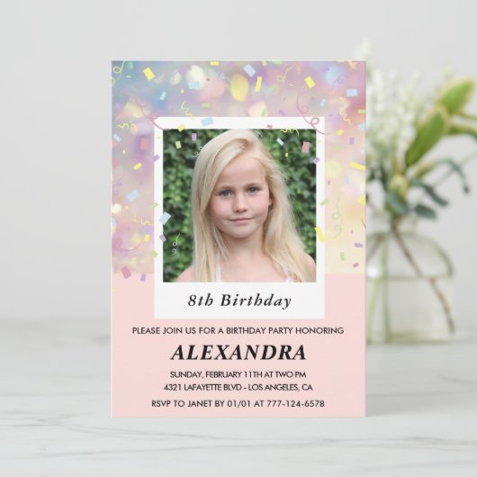 Roze 8e verjaardagsuitnodiging Confetti Foto Kaart (Staand voorkant)
