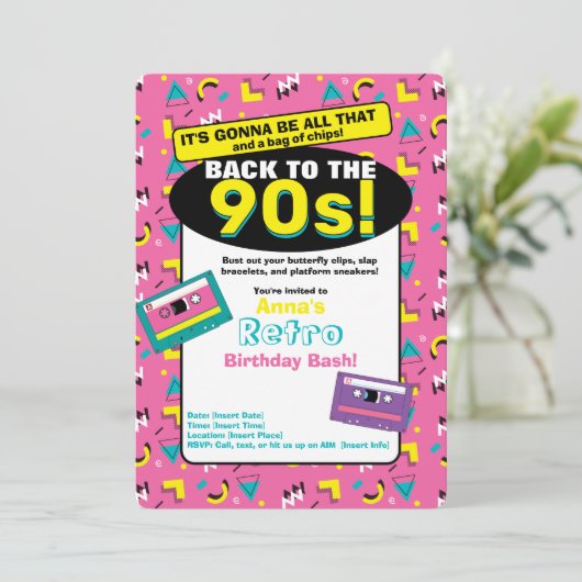 Roze 90's uitnodiging (Staand voorkant)