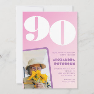 Roze 90ste verjaardag uitnodigingen Retro Foto