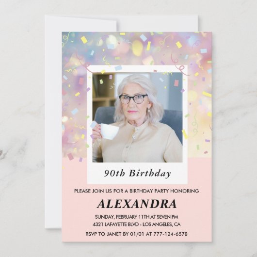 Roze 90ste verjaardagsuitnodiging Confetti Foto Kaart (Voorkant)