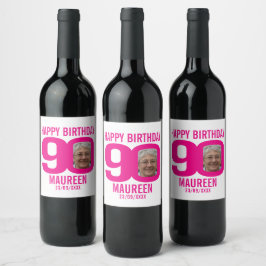 Roze 90th Verjaardag aangepaste foto naam label Wijn Etiket