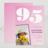 Roze 95e verjaardag uitnodigingen Retro Foto (Voorkant / Achterkant)