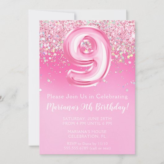 Roze 9e Verjaardag Uitnodiging Girly Pink Glitter (Voorkant)