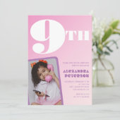 Roze 9e verjaardag uitnodigingen Meisje Retro Foto (Staand voorkant)