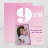 Roze 9e verjaardag uitnodigingen Meisje Retro Foto (Voorkant / Achterkant)