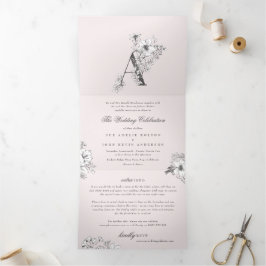 Roze 'A' Monogram mooie schetsen bruiloft Drieluik Uitnodiging