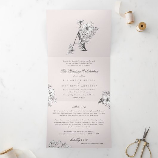 Roze 'A' Monogram mooie schetsen bruiloft Drieluik Uitnodiging (Binnen)