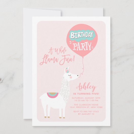 Roze A Whole Llama Fun Kids Birthday Uitnodiging (Voorkant)