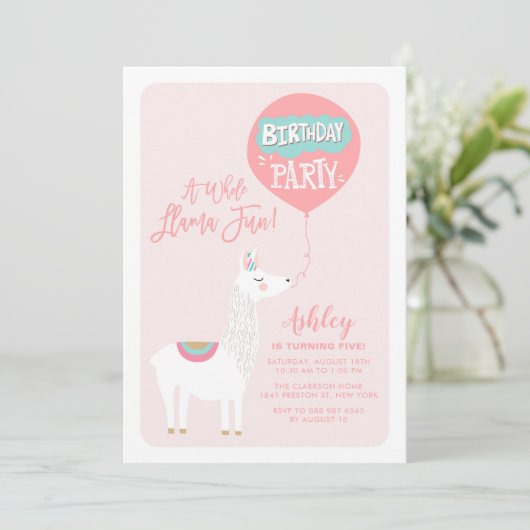 Roze A Whole Llama Fun Kids Birthday Uitnodiging (Staand voorkant)
