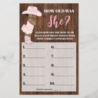 Roze AA Cowgirl Hoe oud was ze Baby shower Game Flyer