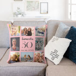 Roze aangepaste fotocollage verjaardag kussen<br><div class="desc">Een uniek cadeau voor een 21e verjaardag,  het vieren van haar leven met een collage van 8 van uw eigen foto's,  afbeeldingen. Personaliseer en voeg haar naam,  leeftijd en datum toe. Een zacht roze achtergrondkleur,  grijze tekst. De naam is geschreven met een modern handschrift.</div>