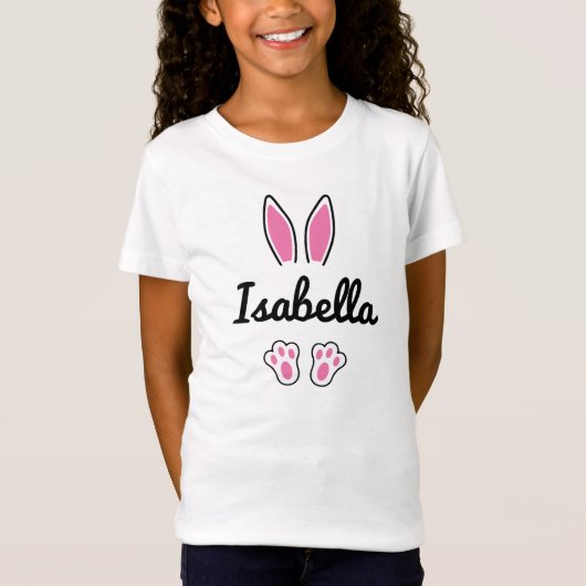 Roze aangepaste naam Pasen Bunny Ears Feet T-shirt (Voorkant)