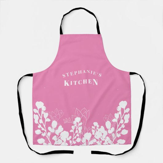 Roze Aangepaste naam Witte Floral Schort (Voorkant)