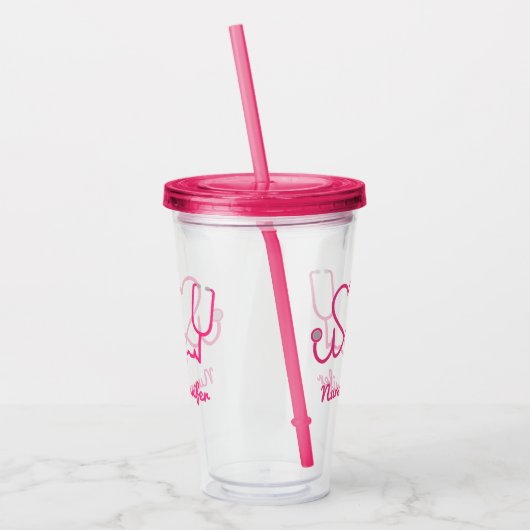 Roze aangepaste verpleegster Stethoscoop Heart Lif Acryl Drinkbeker (Links)