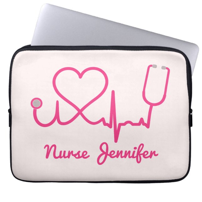 Roze aangepaste verpleegster Stethoscoop Heart Lif Laptop Sleeve (Voorkant)