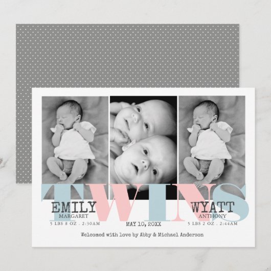 Roze | Aankondiging van de geboorte Blue Twins Bab (Voorkant / Achterkant)