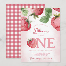 Roze Aardbei 1e Verjaardagsfeest Kaart