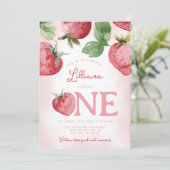 Roze Aardbei 1e Verjaardagsfeest Kaart (Staand voorkant)