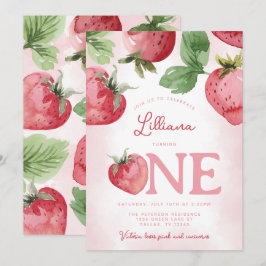 Roze Aardbei 1e Verjaardagsfeest Kaart