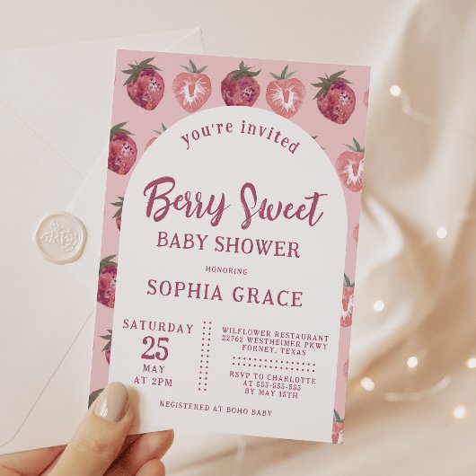 Roze Aardbei Baby shower Kaart