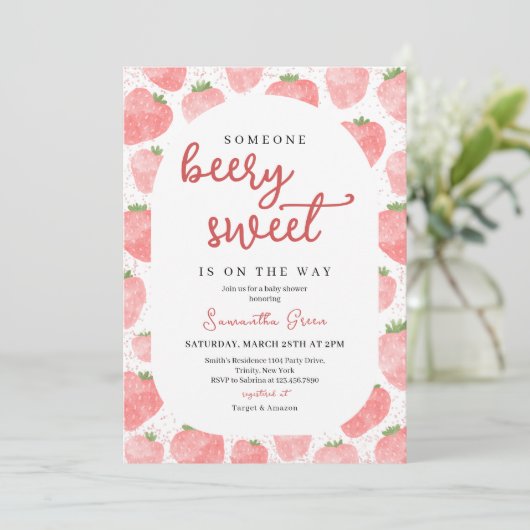 Roze Aardbei Baby shower Kaart (Staand voorkant)