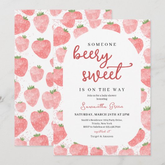 Roze Aardbei Baby shower Kaart (Voorkant / Achterkant)