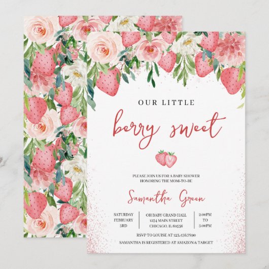 Roze Aardbei Baby shower Kaart (Voorkant / Achterkant)