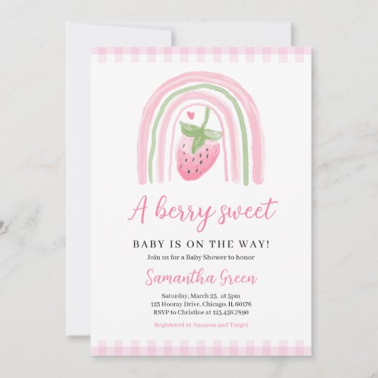 Roze Aardbei Baby shower Kaart (Voorkant)