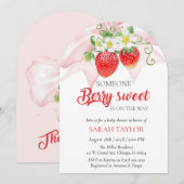 Roze Aardbei Babyshower Uitnodiging Sjabloon (Voorkant / Achterkant)