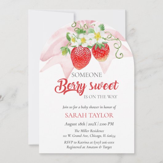 Roze Aardbei Babyshower Uitnodiging Sjabloon (Voorkant)