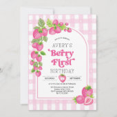 Roze Aardbei Berry Eerste Meisje 1e Verjaardag Kaart (Voorkant)