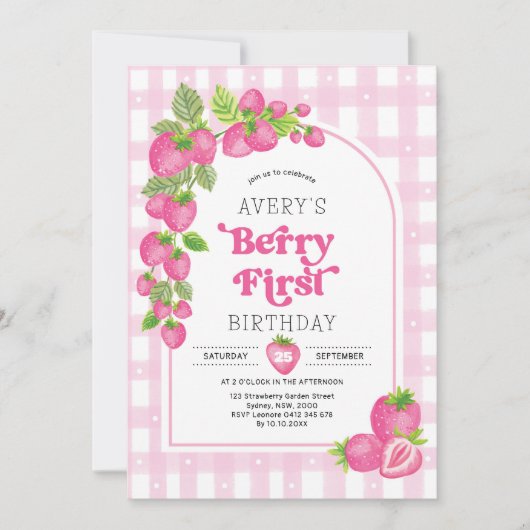 Roze Aardbei Berry Eerste Meisje 1e Verjaardag Kaart (Voorkant)