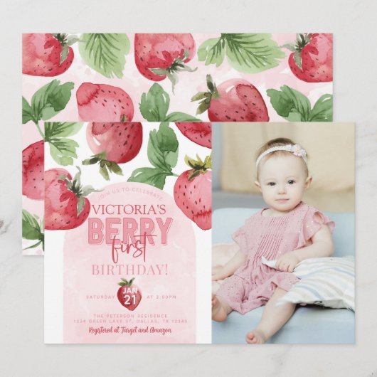Roze aardbei Berry First 1st Birthday Party Kaart (Voorkant / Achterkant)