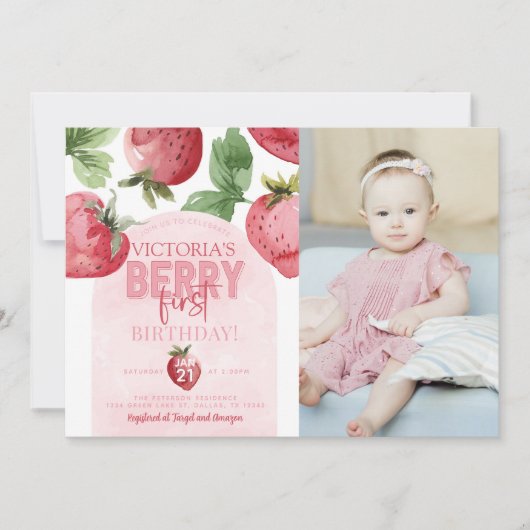 Roze aardbei Berry First 1st Birthday Party Kaart (Voorkant)