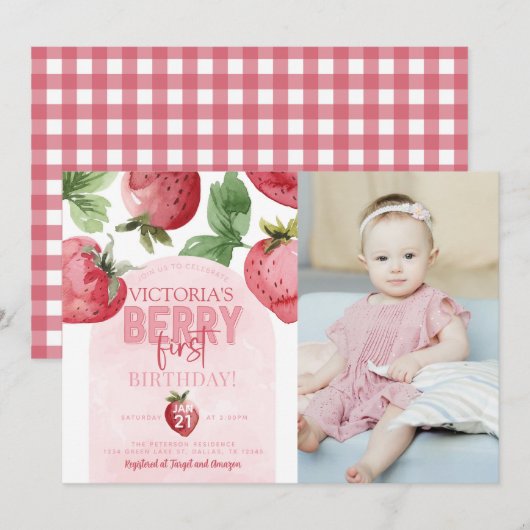 Roze aardbei Berry First 1st Birthday Party Kaart (Voorkant / Achterkant)