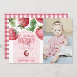 Roze aardbei Berry First 1st Birthday Party Kaart