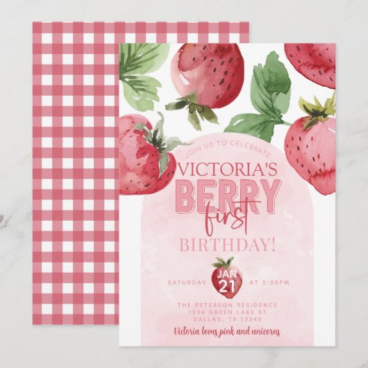 Roze aardbei Berry First 1st Birthday Party Kaart (Voorkant / Achterkant)