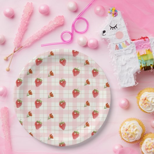 Roze Aardbei Berry Sweet Gingham Party Papieren Bordje (Feest)