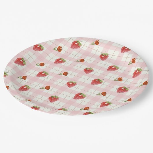 Roze Aardbei Berry Sweet Gingham Party Papieren Bordje (Gekanteld)