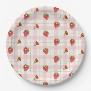Roze Aardbei Berry Sweet Gingham Party Papieren Bordje