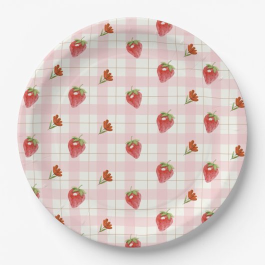 Roze Aardbei Berry Sweet Gingham Party Papieren Bordje (Voorkant)