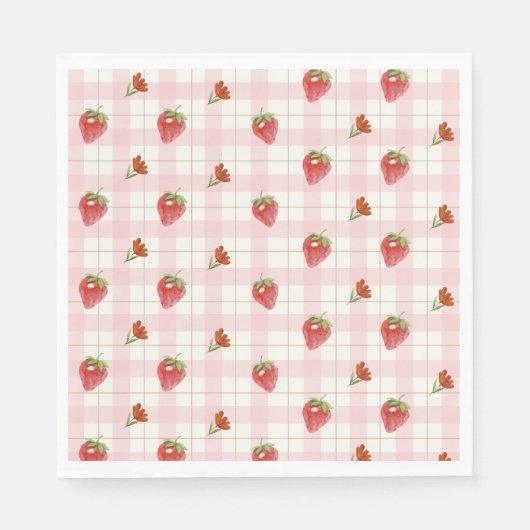 Roze Aardbei Berry Sweet Gingham Party Servet (Voorkant)
