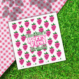 Roze Aardbei Bes Eerste Verjaardag Papieren Servet