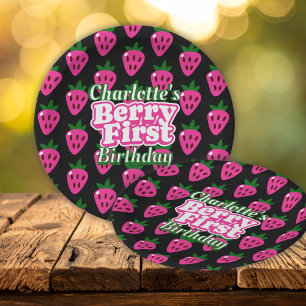 Roze aardbei bessen eerste verjaardag papieren bordje